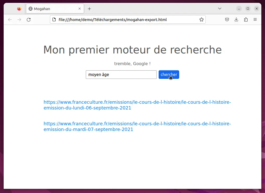 le résultat dans un navigateur Web