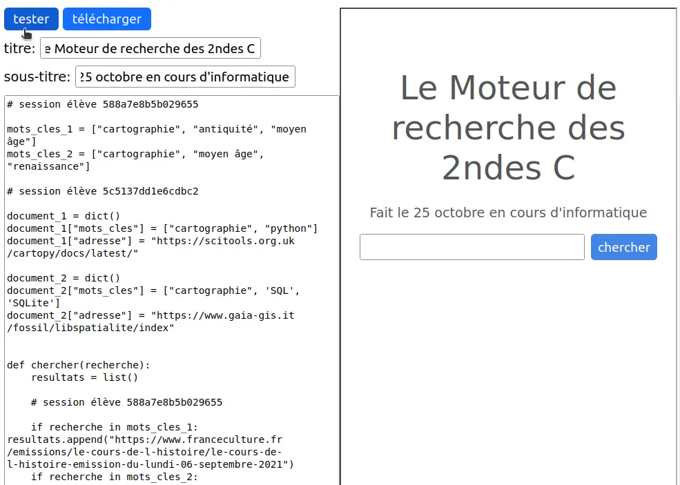 l&rsquo;interface de test de la combinaison du code